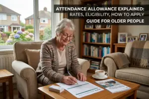 Idosa escrevendo sobre 'Attendance Allowance' em 2026
