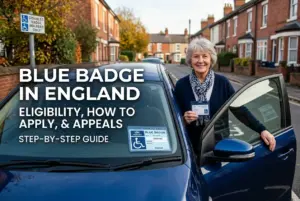 Mulher idosa feliz com carro e Distintivo Azul na Inglaterra