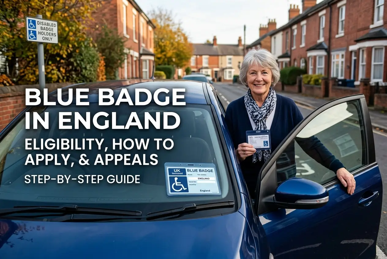 Mulher idosa feliz com carro e Distintivo Azul na Inglaterra