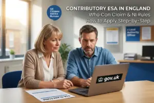 Dois brasileiros usando laptop com gov.uk site na tela.