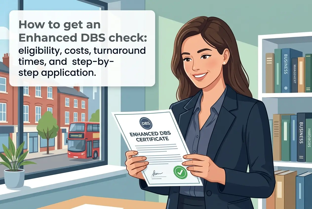 Mulher com certificado de DBS e paisagem urbana ao fundo