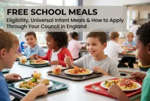 Crianças almoçando em refeitório escolar com refeições gratuitas