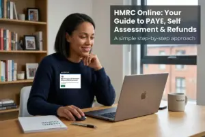 Mulher sorrindo enquanto trabalha em guia online da HMRC