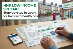 Pessoa preenche formulários do NHS com smartphone e rua ao fundo