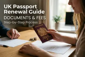 Pessoa com passaporte britânico e documentos de renovação sobre a mesa