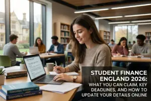 Estudante brasileira estudando finanças em biblioteca moderna