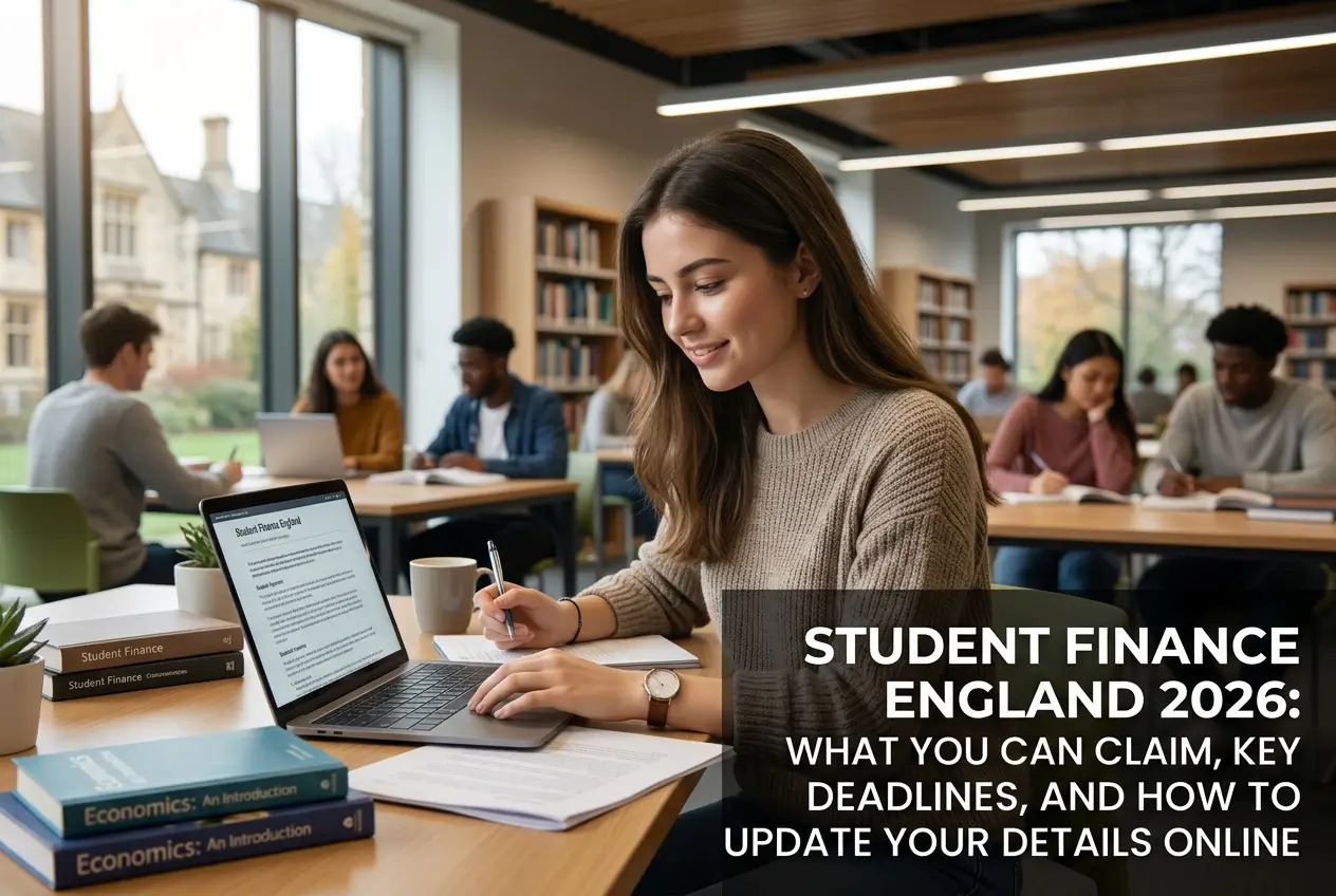 Estudante brasileira estudando finanças em biblioteca moderna