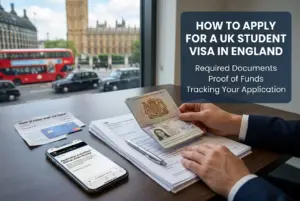 Mãos segurando passaporte do Reino Unido com documentos e Big Ben ao fundo